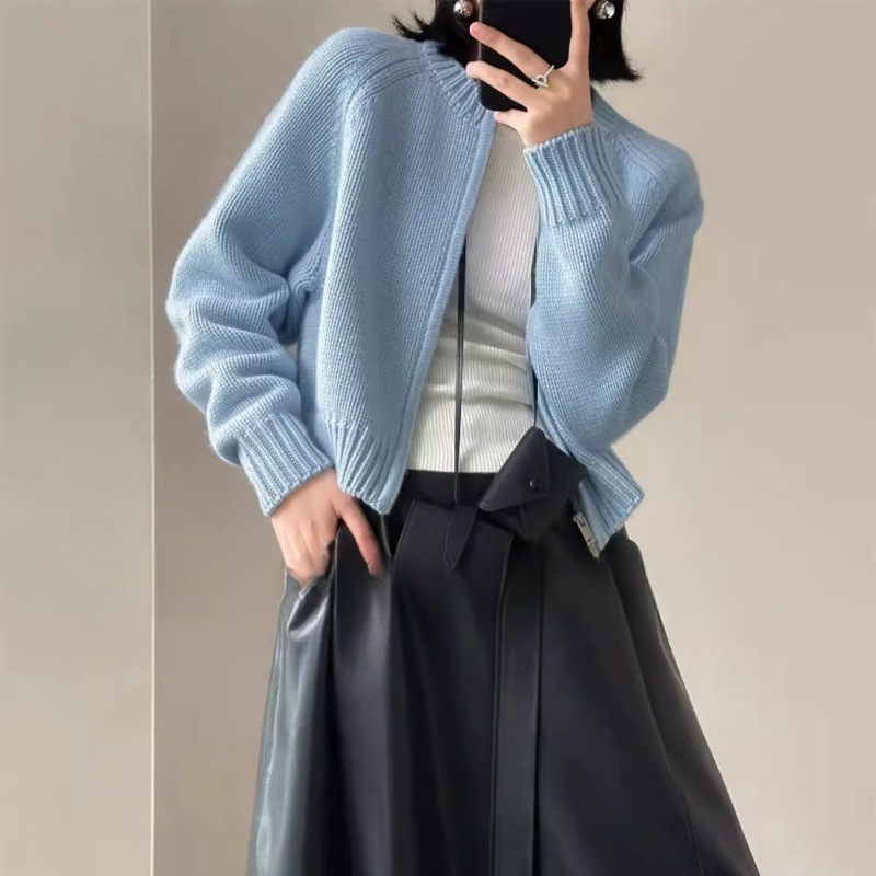 【刘雯同款】重磅加厚100纯羊毛开衫女秋冬圆领减龄毛衣百搭拉链