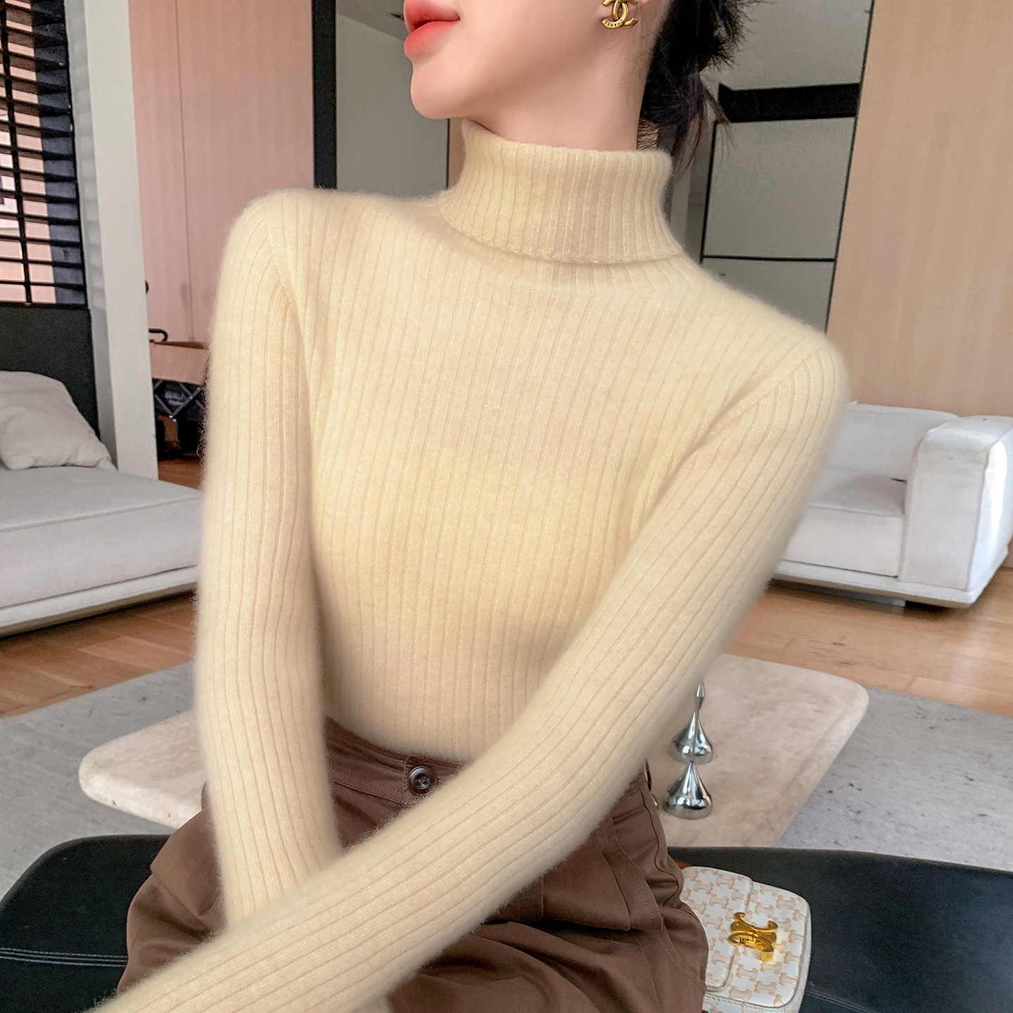 【刘雯同款】山羊绒打底衫女秋冬高领修身显瘦毛衣堆堆领针织衫长