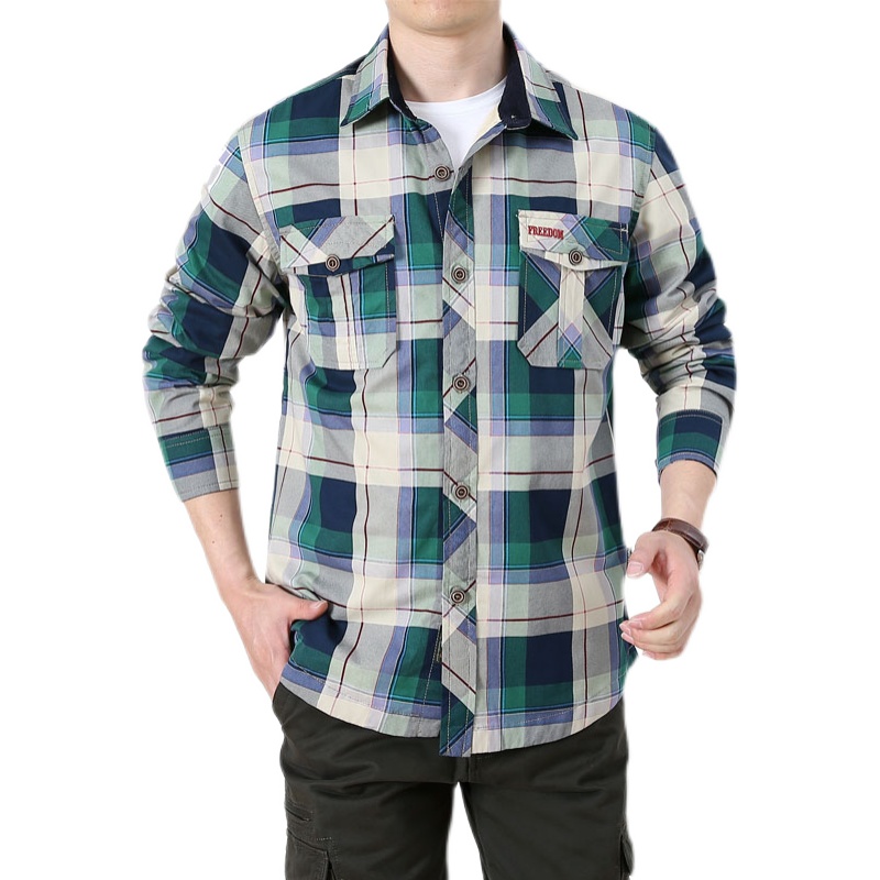 秋冬季加绒长袖格子衬衫加厚双口袋中青年大码纯棉保暖休闲衬衣男