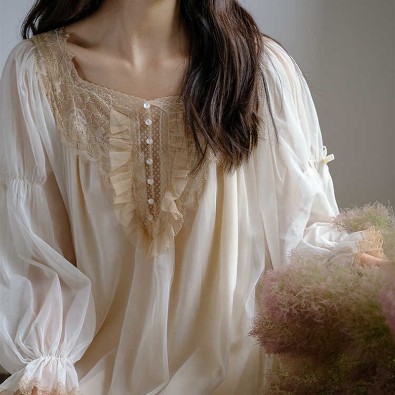 法式新婚晨袍睡裙女纯棉睡衣女春秋款长袖仙女甜美网纱全棉家居服