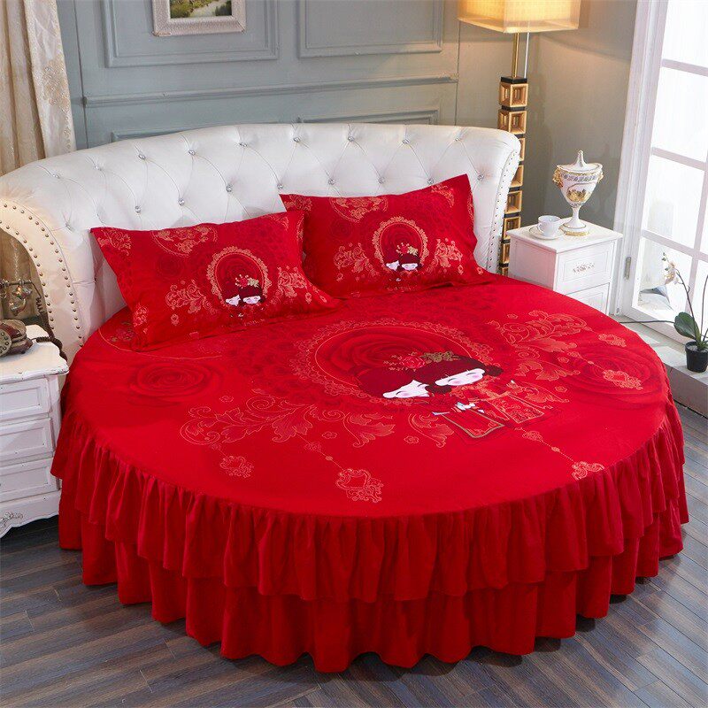 全棉圆床床裙四件套大红婚庆结婚圆形床罩式纯棉加厚磨毛床品定做