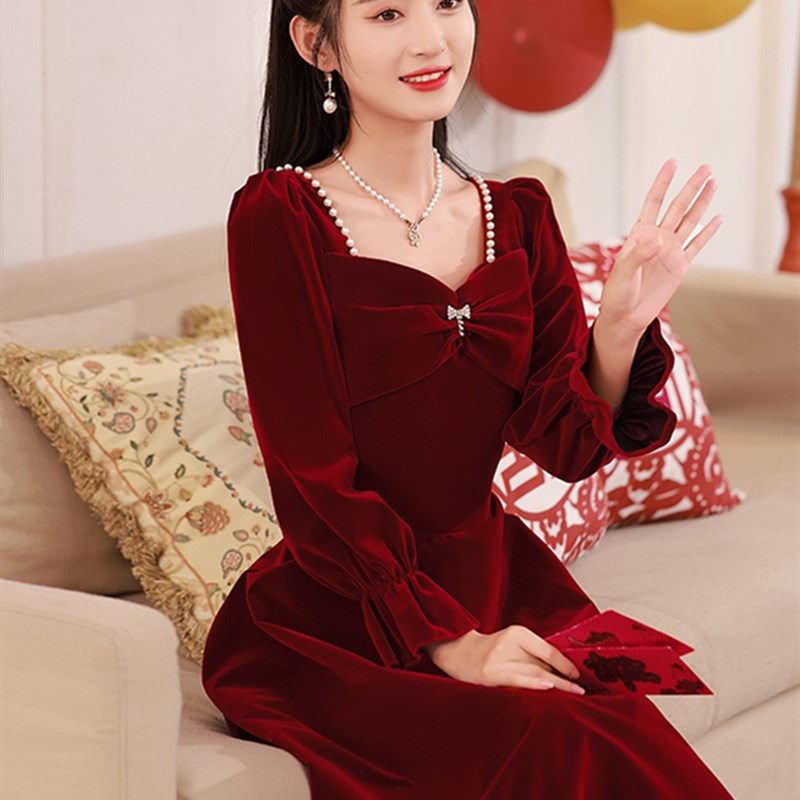 敬酒服新娘2024秋冬酒红色结婚订婚回门气质礼服连衣裙女平时可穿
