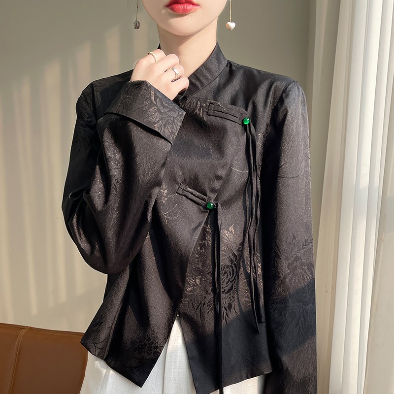 新中式盘扣衬衫女春秋国风复古开衫衬衣上衣提花缎面长袖休闲外套