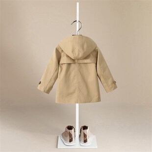 秋冬新款男女童双排扣外套小中童连帽英伦风格子风衣中长洋气大衣