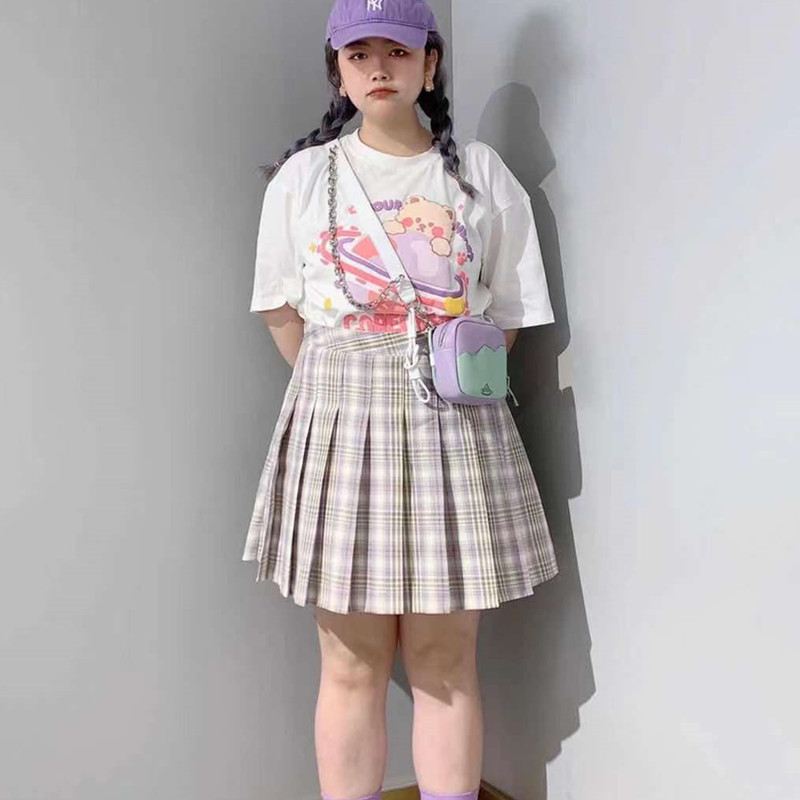 大码百褶裙学院风格子短裙女2021夏季高腰胖mm显瘦百搭a字半身裙