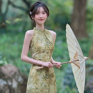 改良雪纺连衣裙 仙女中国风削肩修身 橘里 绿色清冷旗袍裙女年轻款