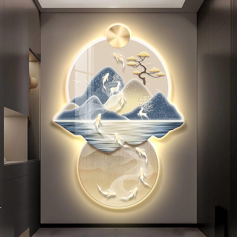 玄关发光装饰画轻奢立体高级感过道走廊尽头led壁灯画客厅九鱼图图片