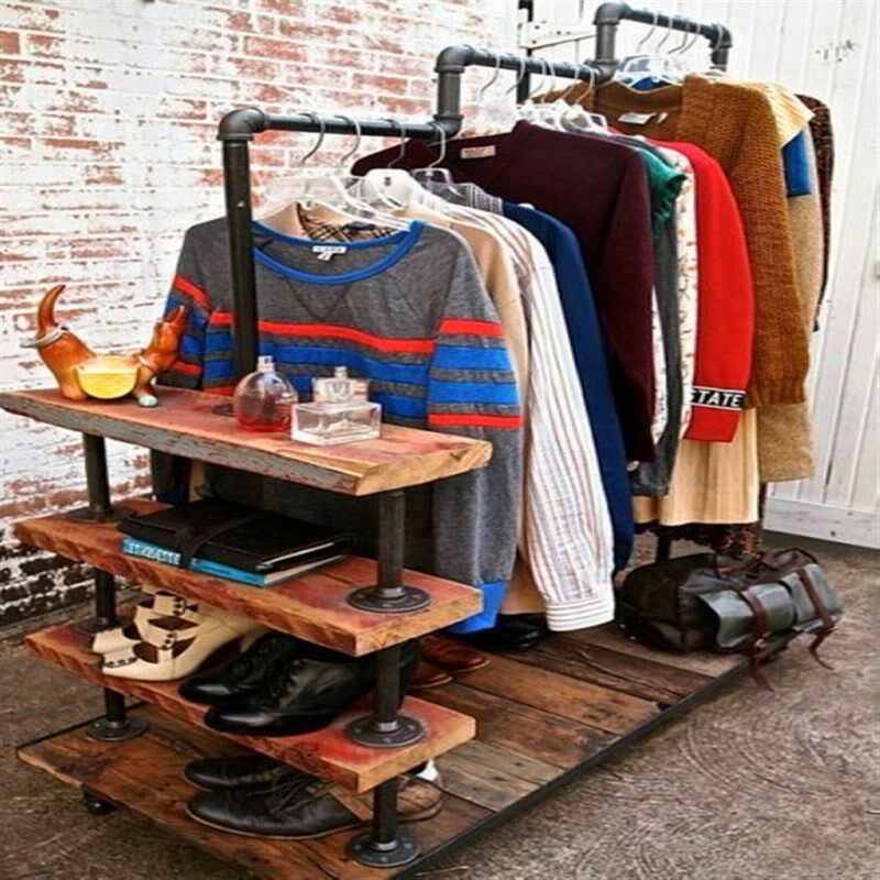 复古实木铁艺服装展示架鞋包架挂衣架衣帽架服装店货架中岛架包邮