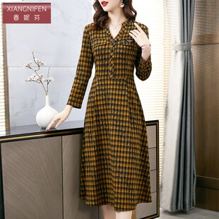 香妮芬高端中年妈妈连衣裙女高贵优雅2024新款早秋格子立领高腰裙