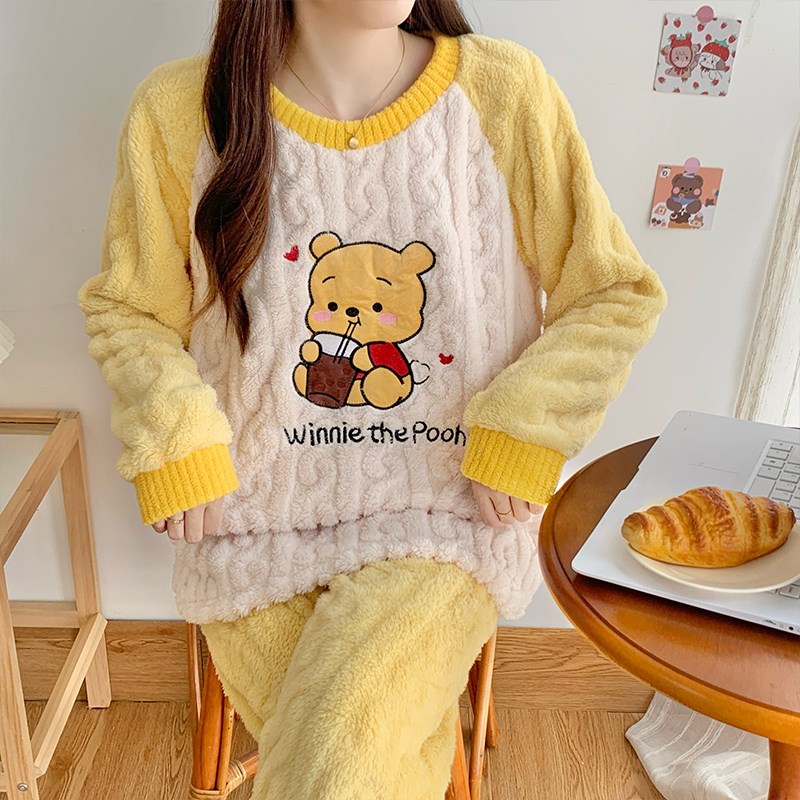 保暖睡衣女冬季加绒加厚珊瑚绒学生可爱套装大码200斤胖妹家居服