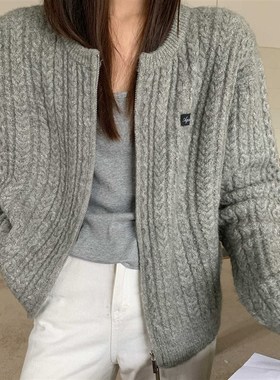 AGXS秋冬新款双拉链短款上衣简约百搭灰色针织开衫外套毛衣