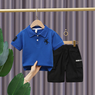 宝宝夏季套装儿童酷帅夏装短袖T恤男童POLO衫绿色白两件套2023新