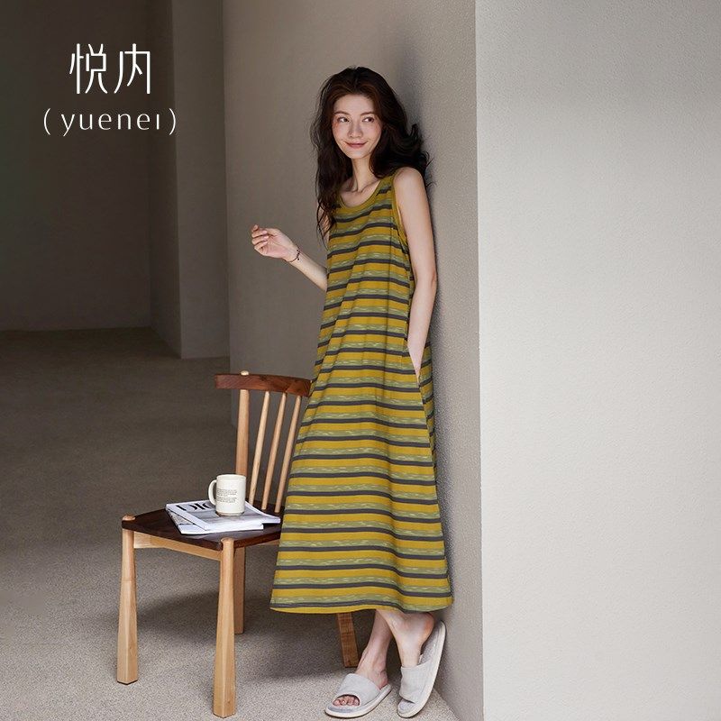 悦内睡裙女款睡衣夏季纯棉无袖背心长款夏天款休闲可外穿条纹大码