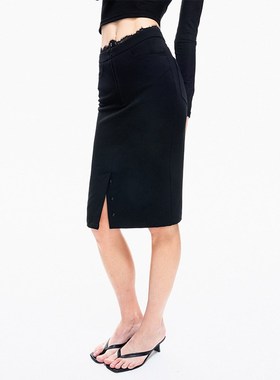 EMPTY PAGE黑色蕾丝拼接开叉半身裙高腰微弹显瘦铅笔裙