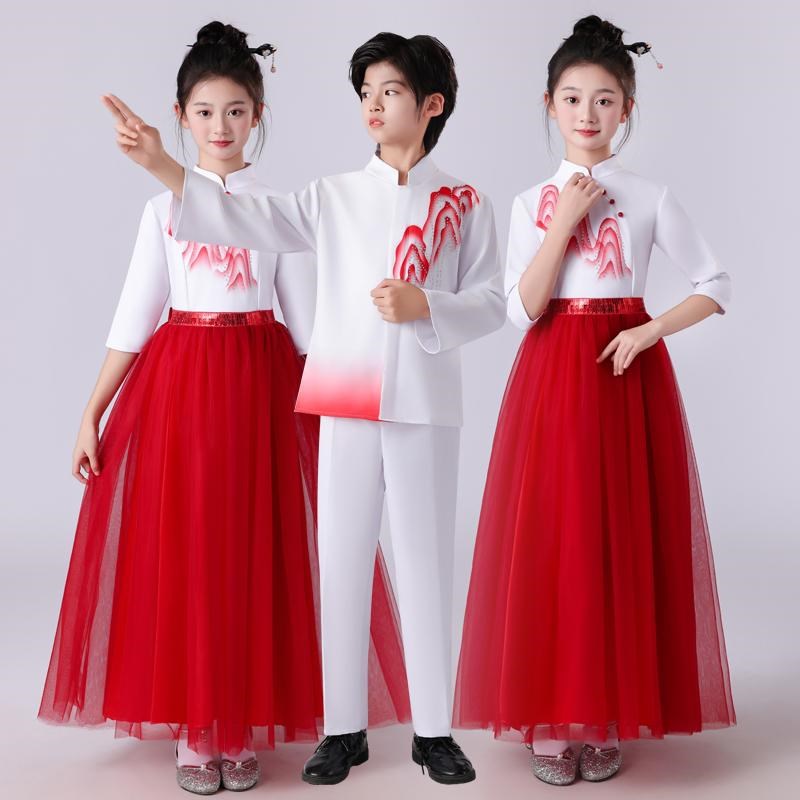 元旦儿童红色爱国朗诵演出服中国风合唱演讲比赛服装女小学生万疆