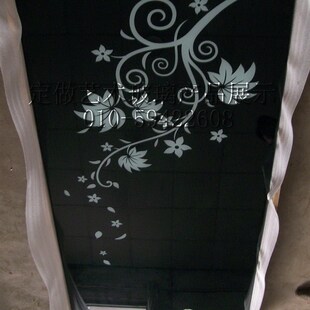 定做烤漆电视背景墙钢化艺术玻璃背漆反光镜面效果黑底白图飘叶花
