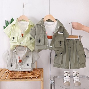 男童夏季夏装新款2025衬衫宝宝夏天衣服套装洋气短袖工装三件套潮