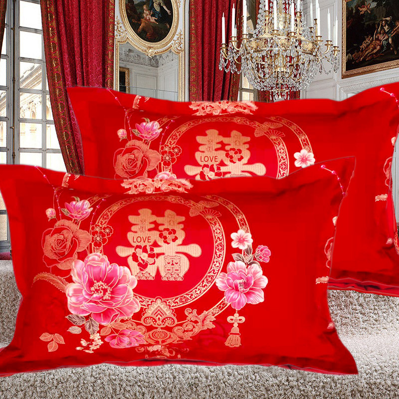 全棉结婚庆枕芯加枕套一对套装纯棉大红枕头护颈椎助睡眠家用床品