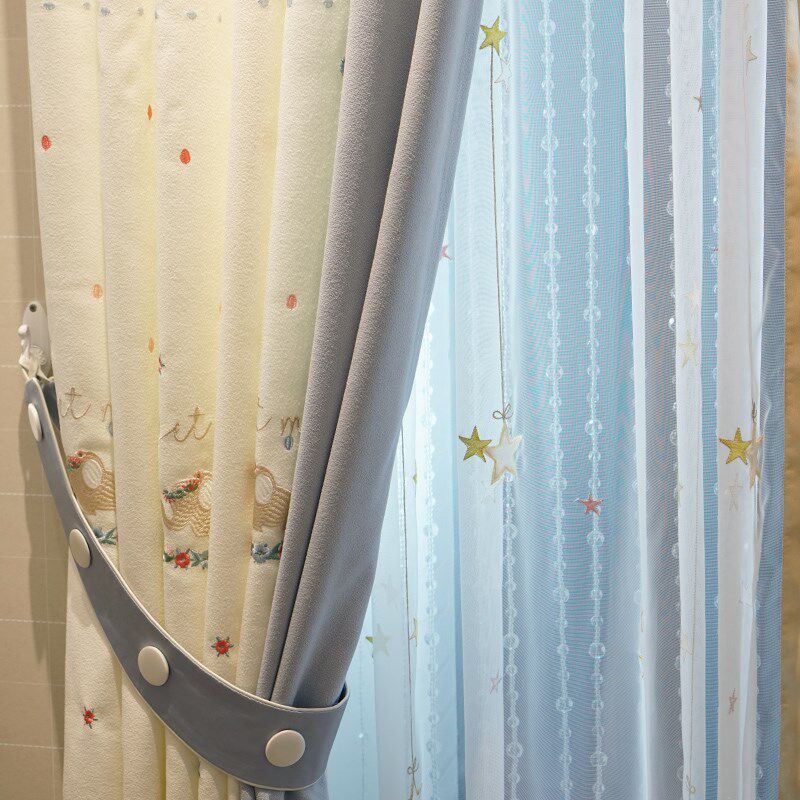 高档卡通儿童房卧室窗帘女孩公主风绣花大象可爱遮光窗帘布星星纱