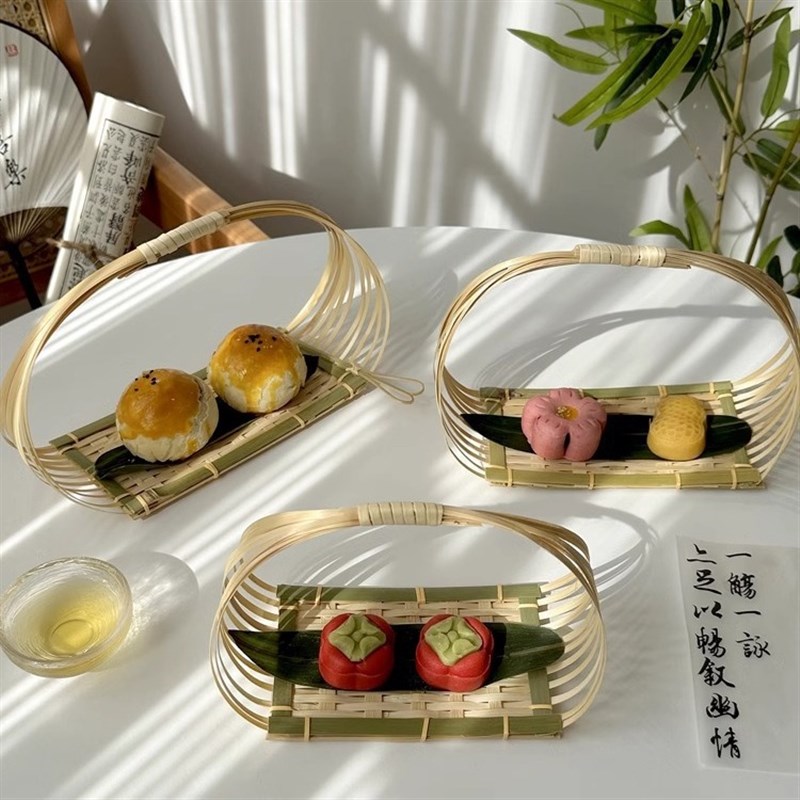 新中式竹编小提篮围炉煮茶提手茶点水果篮子糕点托盘创意小竹篮