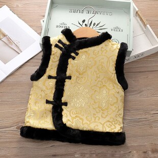 宝宝过年服唐装马甲加绒加厚婴儿黄马褂汉服男童女童国风拜年背心