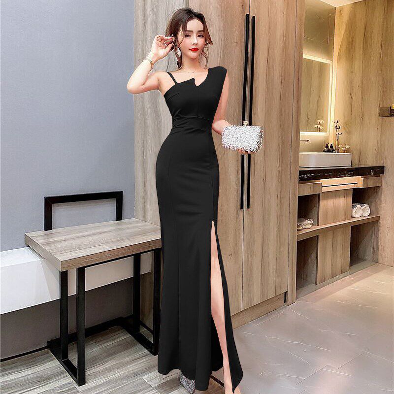 新款晚礼服女宴会气质高贵优雅斜连衣裙