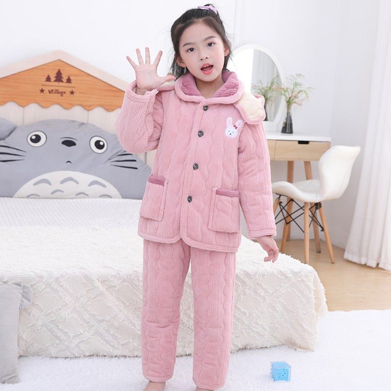 冬季儿童夹棉睡衣宝宝法兰绒加绒加厚男童大童女童可爱家居服套装