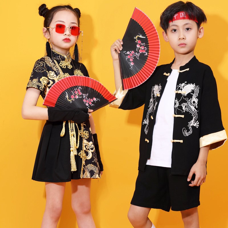 六一儿童中国风表演服爵士走秀男嘻哈演出服T台套装国潮女童旗袍