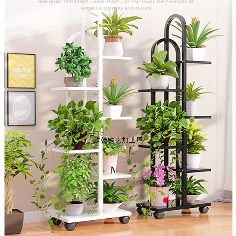 阳台花架子铁木客厅家用置物架多肉绿萝花盆架带轮落地式多层花架