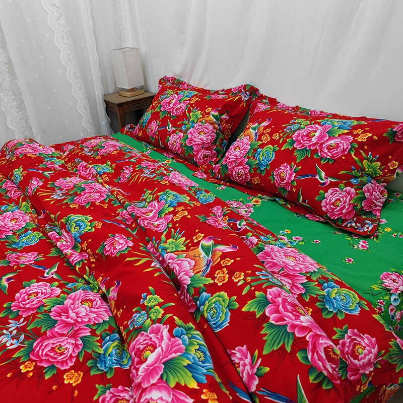纯棉大花四件套AB版被套全棉土潮花布床单复古中式床上用品套件