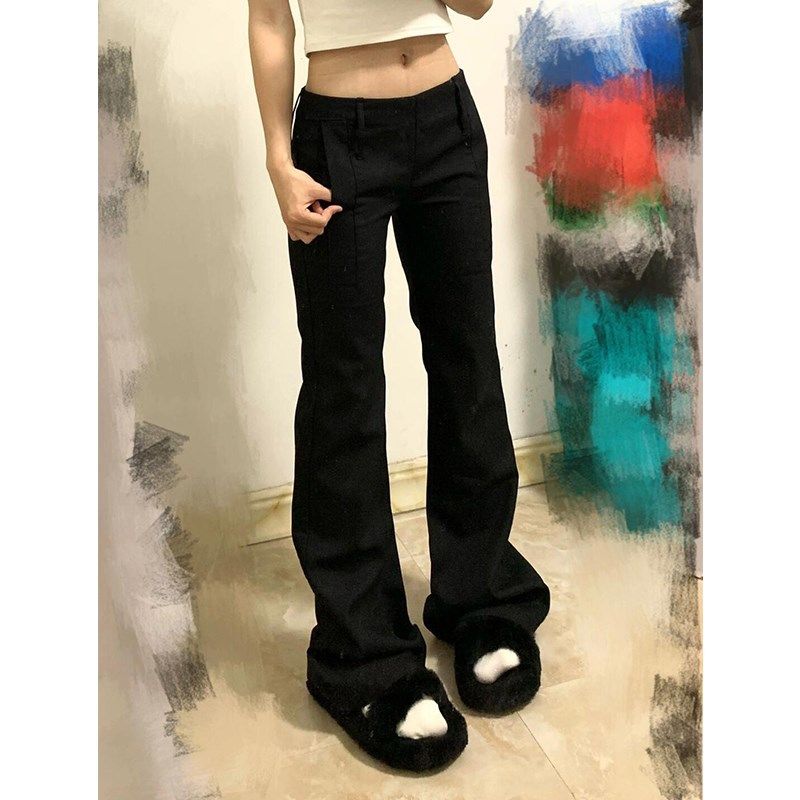 黑色低腰微喇叭西装休闲裤女小个子春秋季新款高腰显瘦拖地阔腿裤