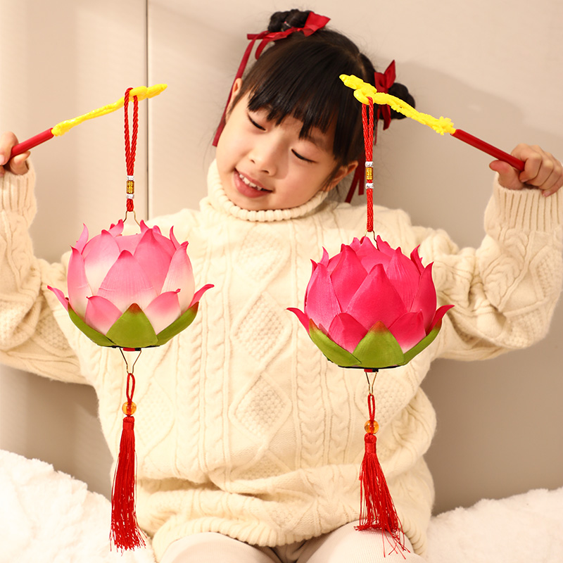 龙年手提莲花灯笼古风汉服拍照道具儿童新年元宵灯会荷花灯装饰品