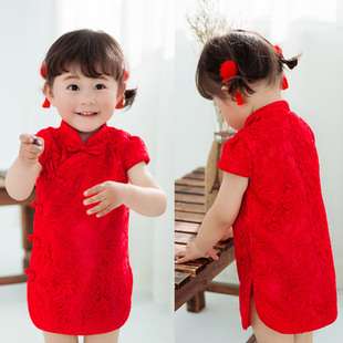 女童旗袍夏女宝宝周岁礼服女蕾丝中式儿童连衣裙中国风红色裙古筝