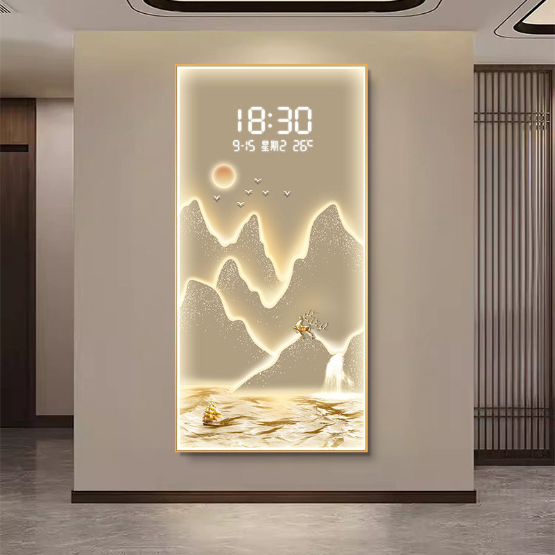 现代轻奢入户玄关装饰画寓意好山水画电子屏时钟画走廊挂画带灯