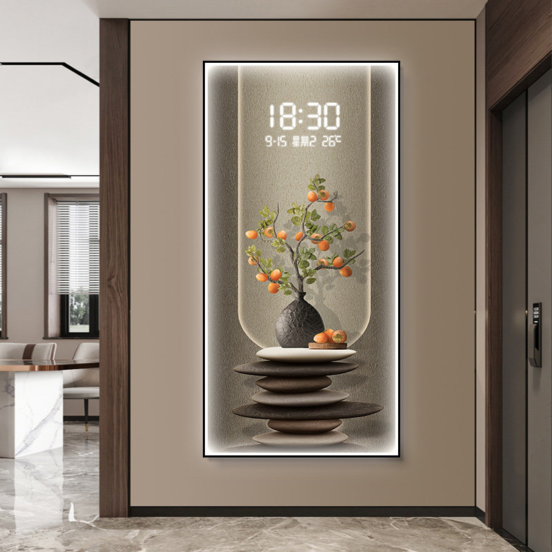 高级感入户玄关装饰画电子钟表挂画走廊过道背景墙画带灯时钟壁画