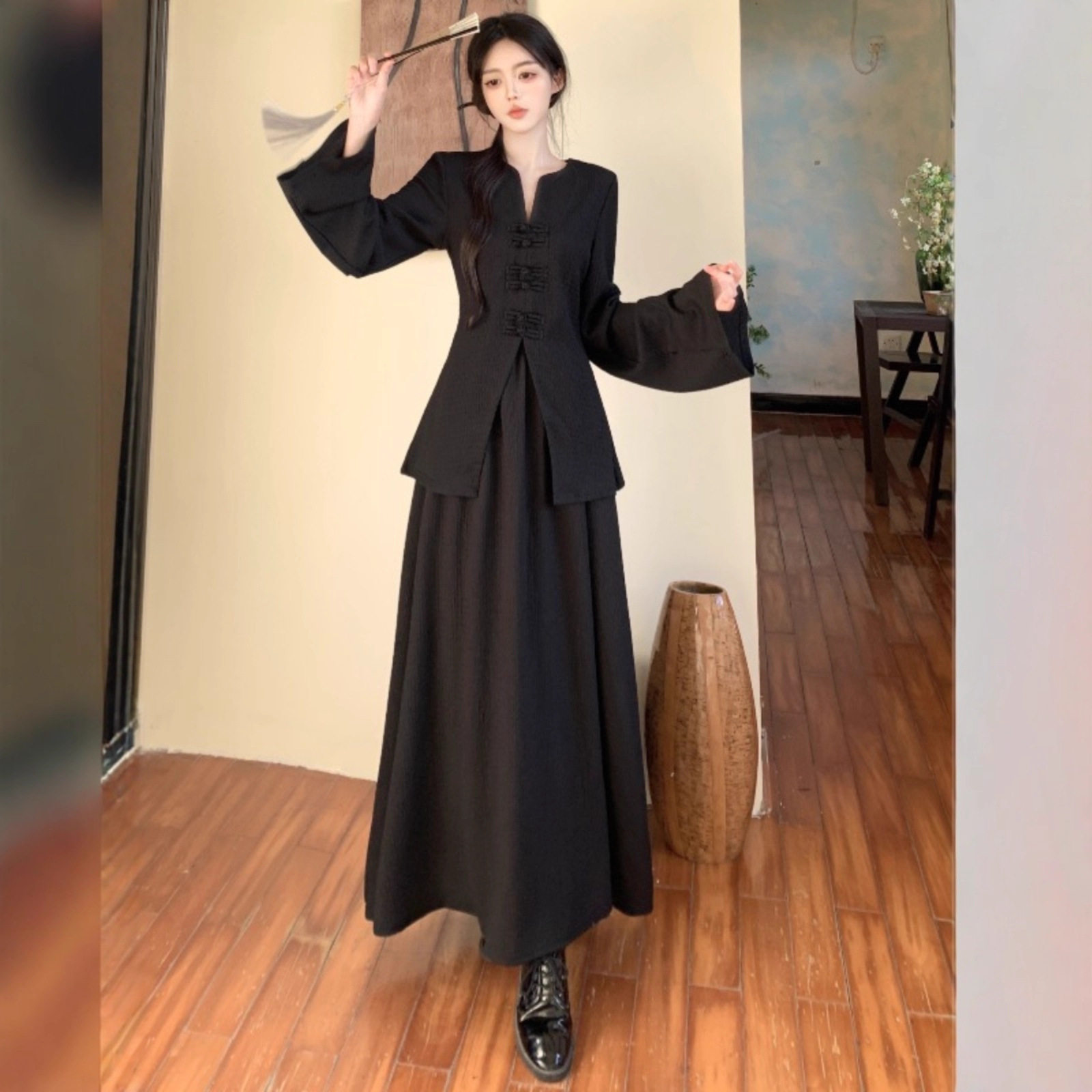 大码胖mm2025早秋穿搭套装裙子搭配一整套巨显瘦新中式黑色