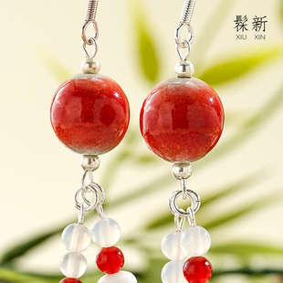 非遗大漆珠漆器耳饰明宣德红釉原创设计耳环女简约百搭气质耳坠