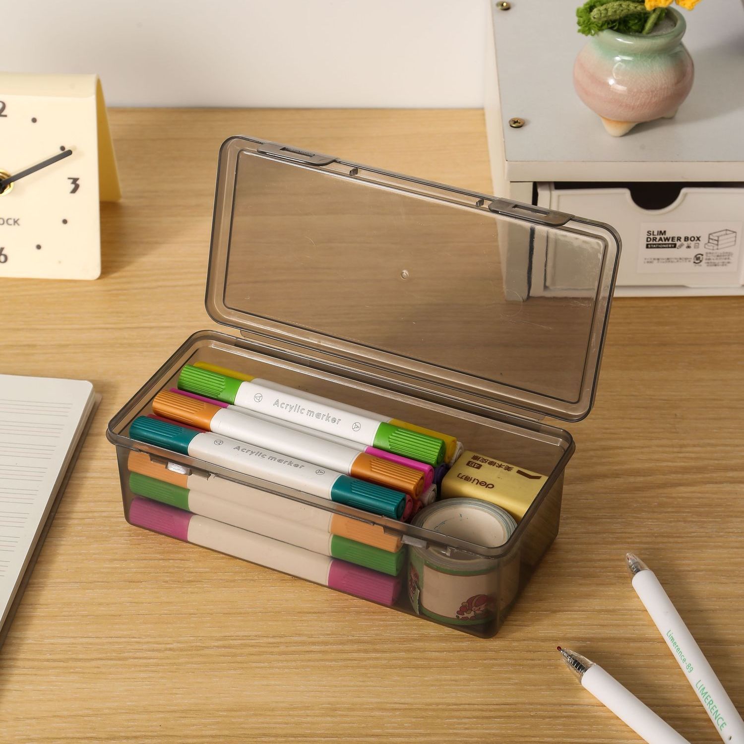 简约桌面透明笔盒学生马克笔水彩笔带盖铅笔画收纳盒大容量加厚