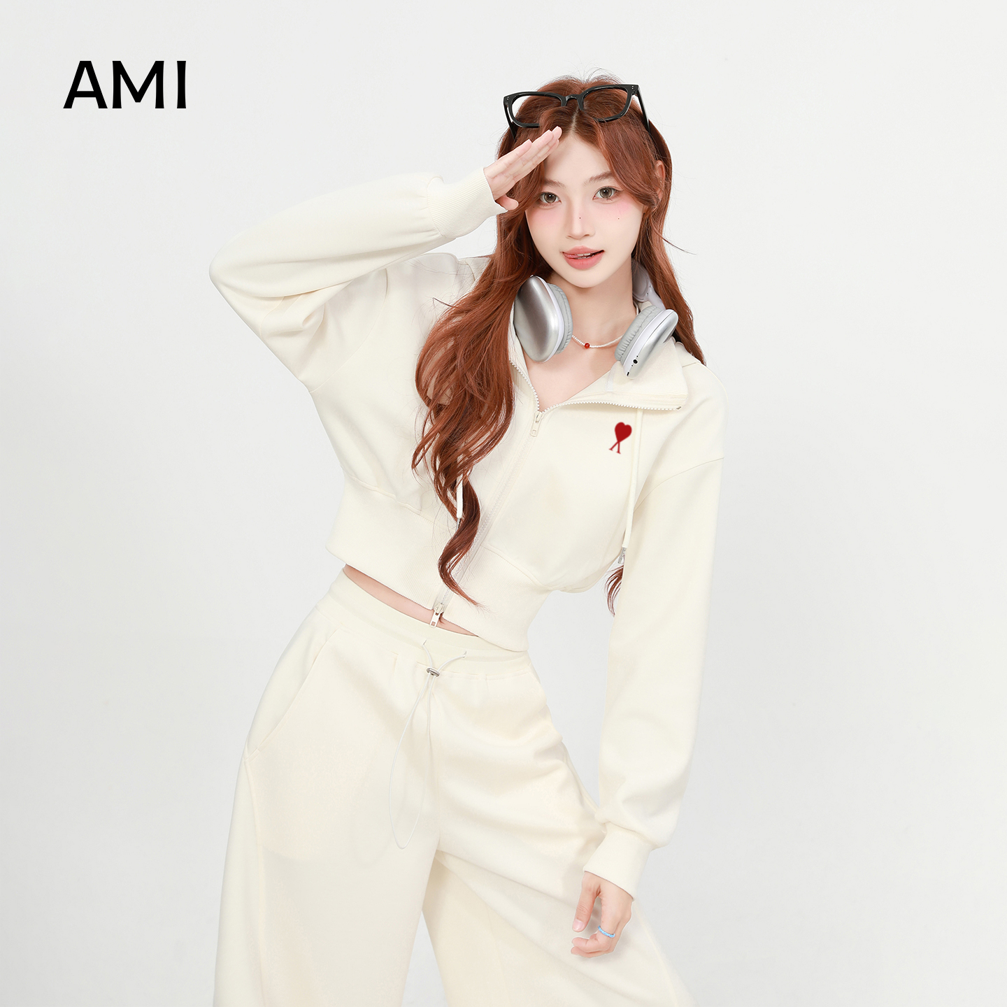 AMI美式灰色半拉链卫衣外套女春秋新款高腰显瘦半身裙两件套套装