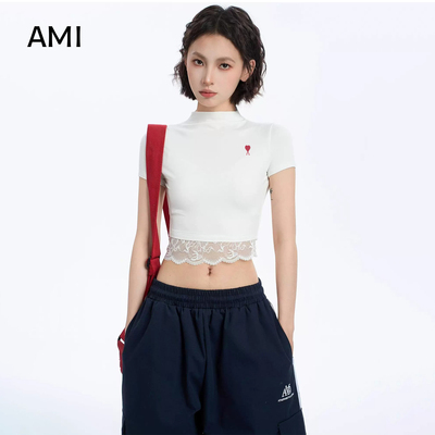 AMI官方 2026美式辣妹白色半高领蕾丝短袖T恤女春季正品修身露脐