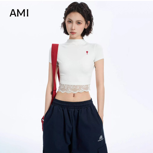 AMI官方 2026美式辣妹白色半高领蕾丝短袖T恤女春季正品修身露脐