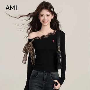 修身 T恤女春初春正品 设计感 辣妹黑色斜肩针织长袖 AMI官方2026美式
