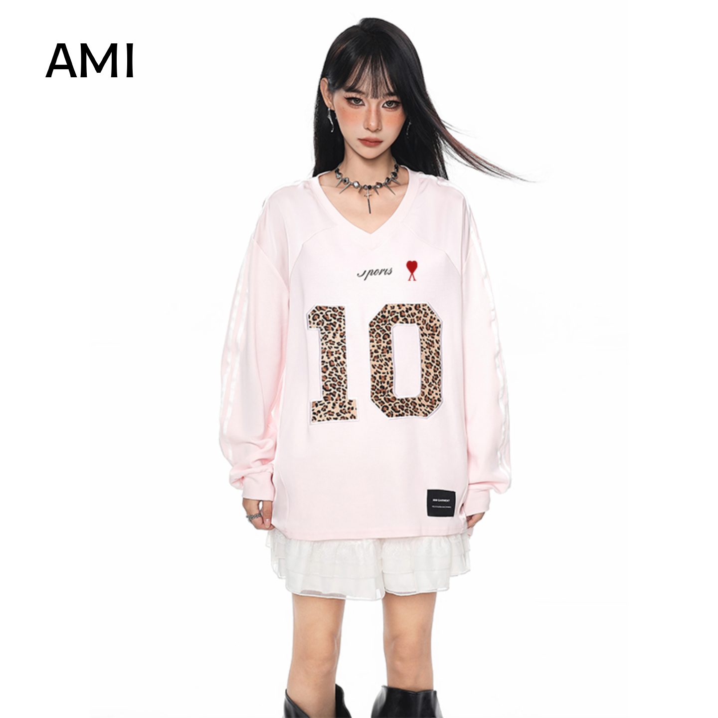 AMI美式粉色v领卫衣女春秋新款豹纹辣妹球衣长袖上衣早秋初秋穿搭