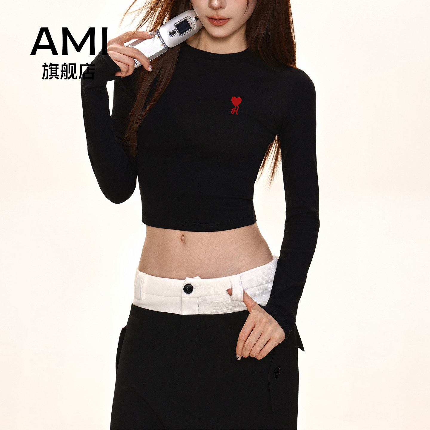 AMI官方美式内搭黑色短款打底衫t恤女初秋新款高腰露脐修身内搭9图片
