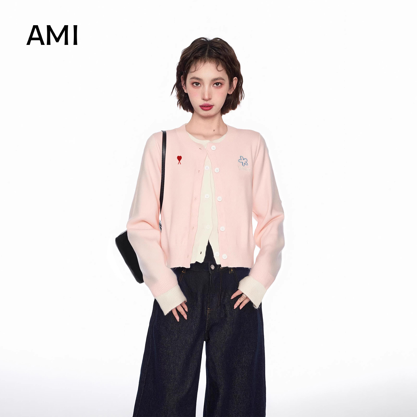 AMI 粉色美式假两件长袖针织开衫女春秋新款短外套薄毛衣拉链爱心