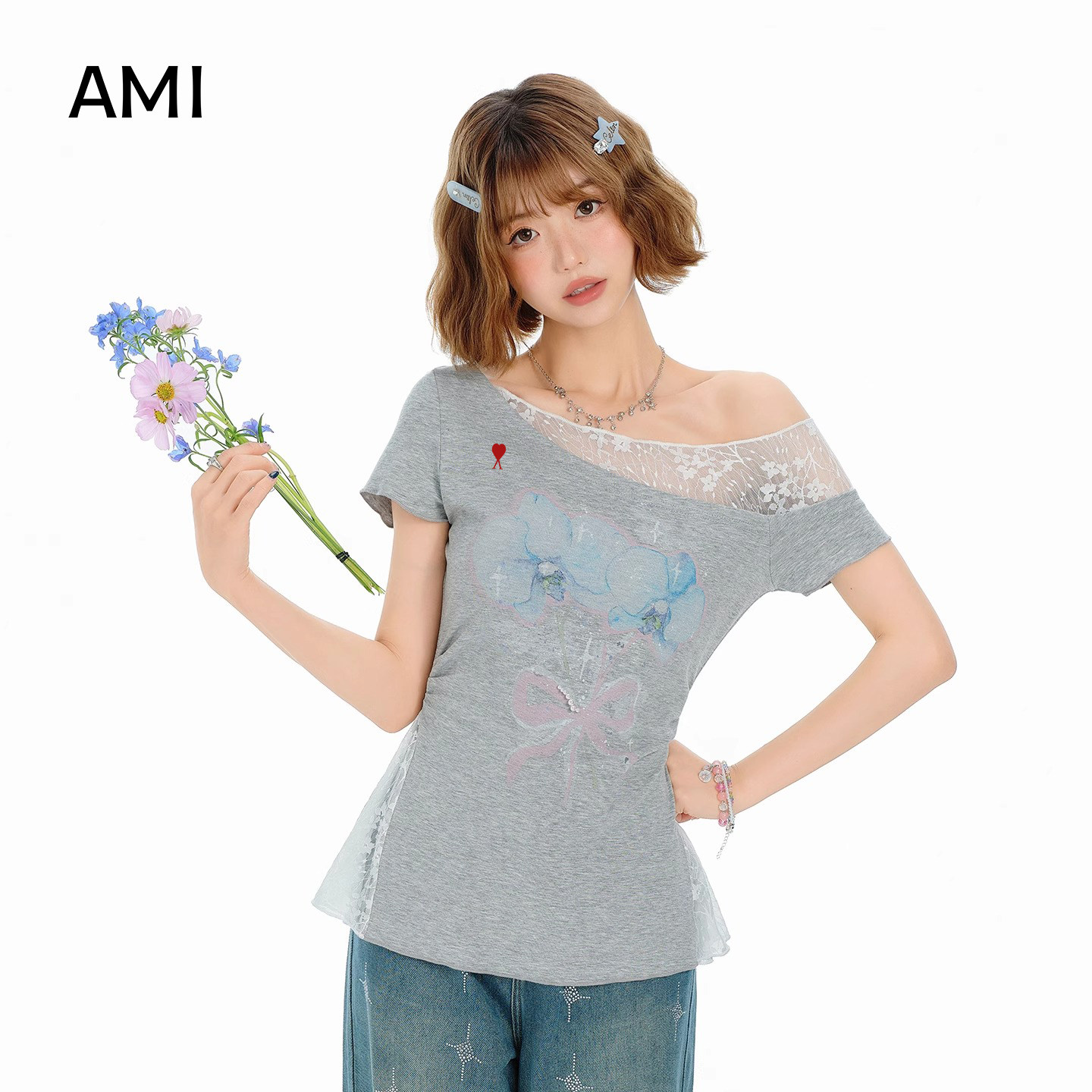 AMI 2025美式复古蕾丝拼接斜肩短袖t恤女冬季设计感修身正品上衣