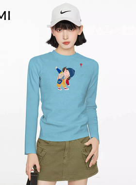 AMI蓝色印花长袖t恤女秋装新款修身显瘦2025上衣打底内搭好看气质