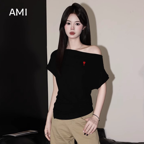 AMI官方2026美式黑色一字斜肩短袖T恤女春季新款正品收腰显瘦上衣