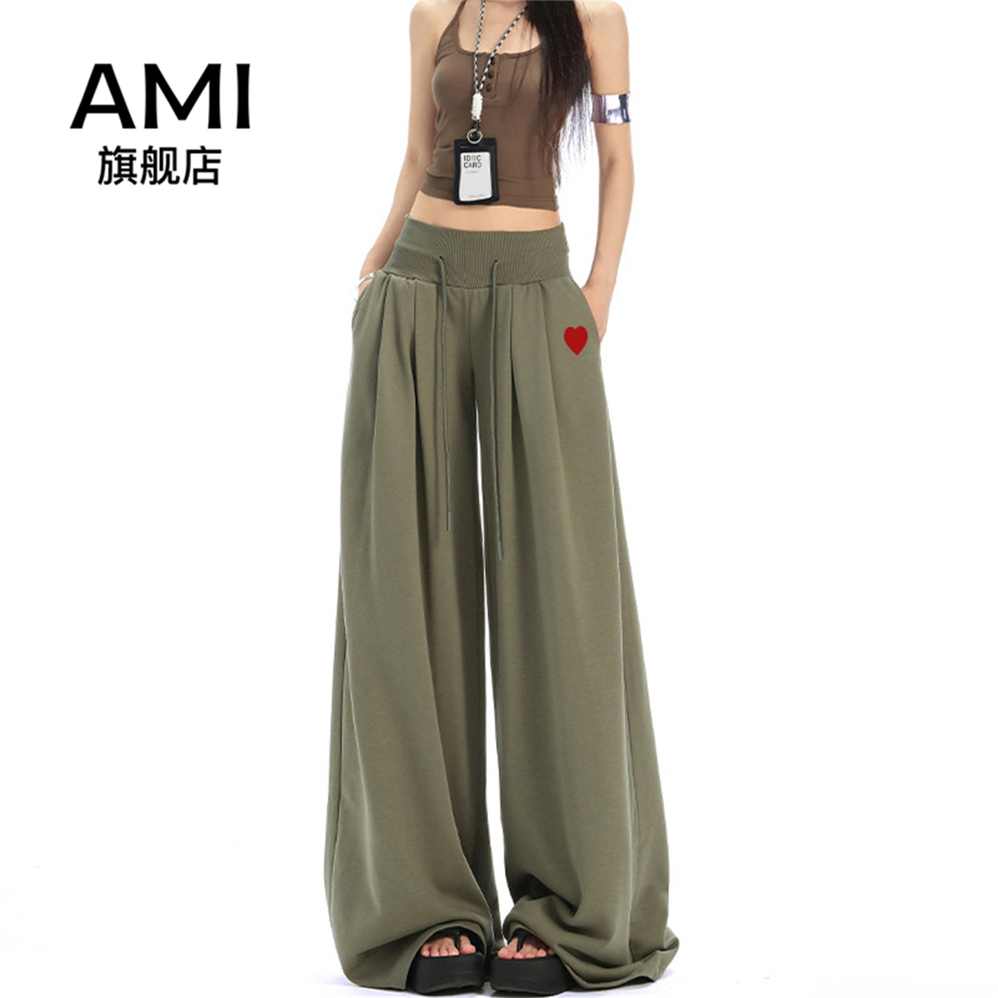 AMI官方灰绿色运动卫裤女春秋新款美式休闲低腰直筒宽松阔腿裤子图片