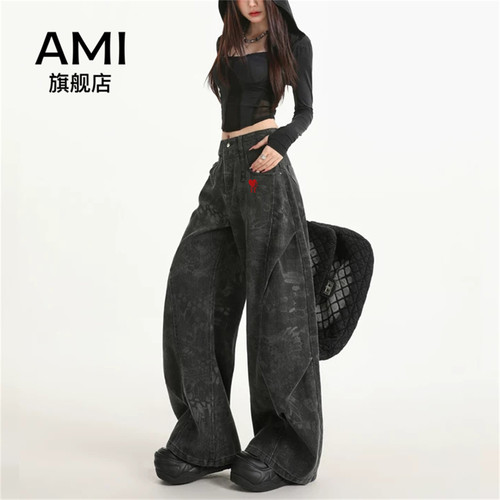 AMI女装美式印花褶皱牛仔裤女春秋新款设计感工装直筒拖地阔腿裤